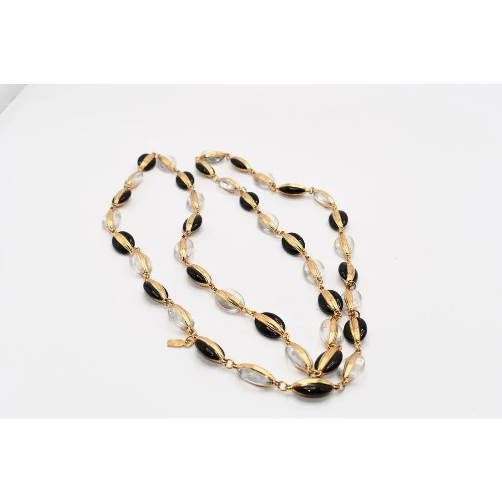 Vintage Swarovski Black Clear Crystal Gold Tone Long Necklace 34”